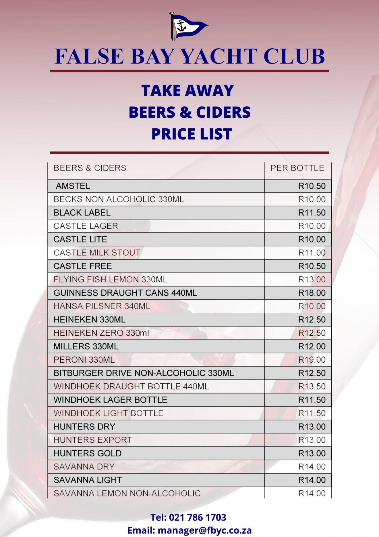 Take Away Bar Price List