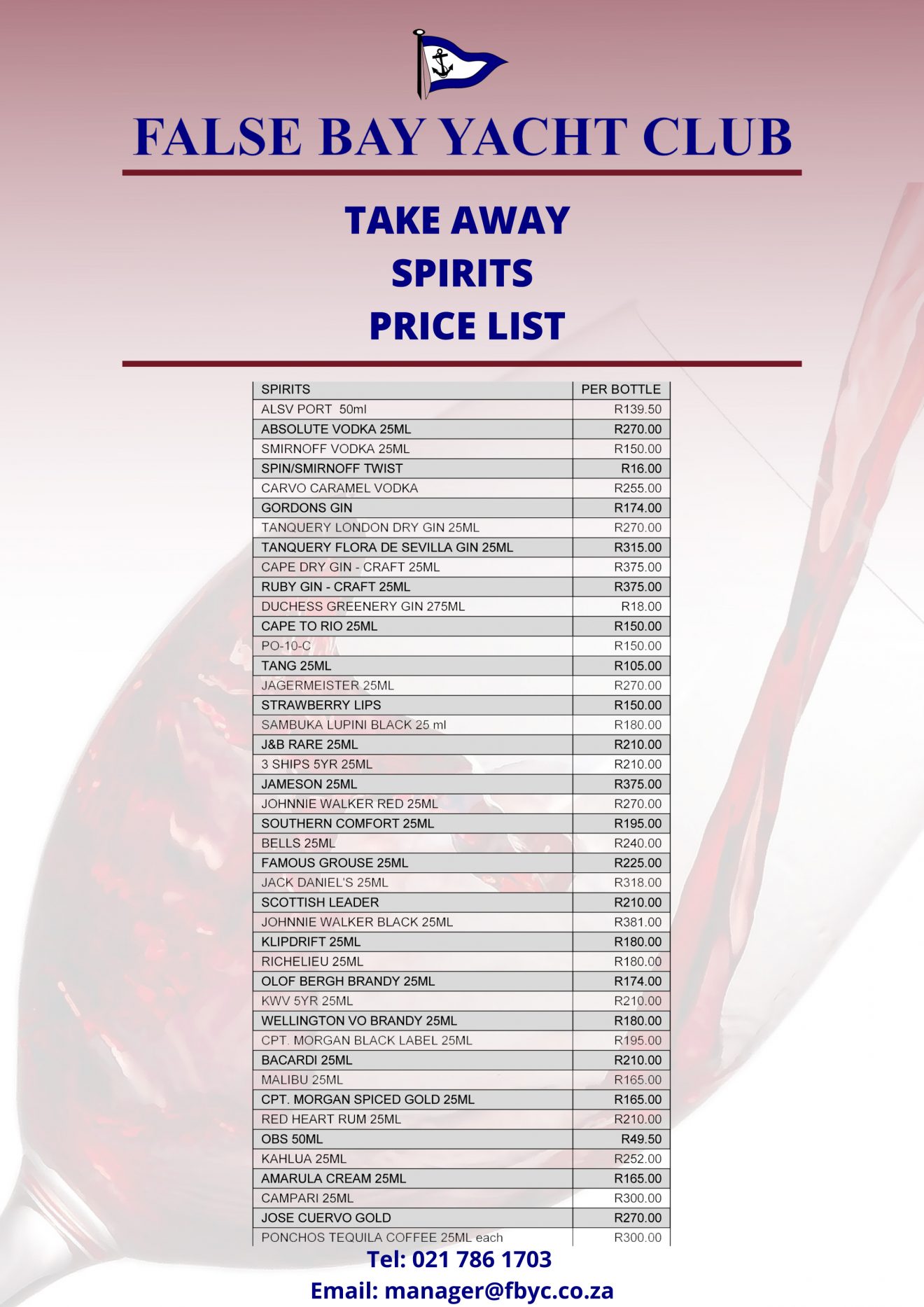 Take Away Bar Price List