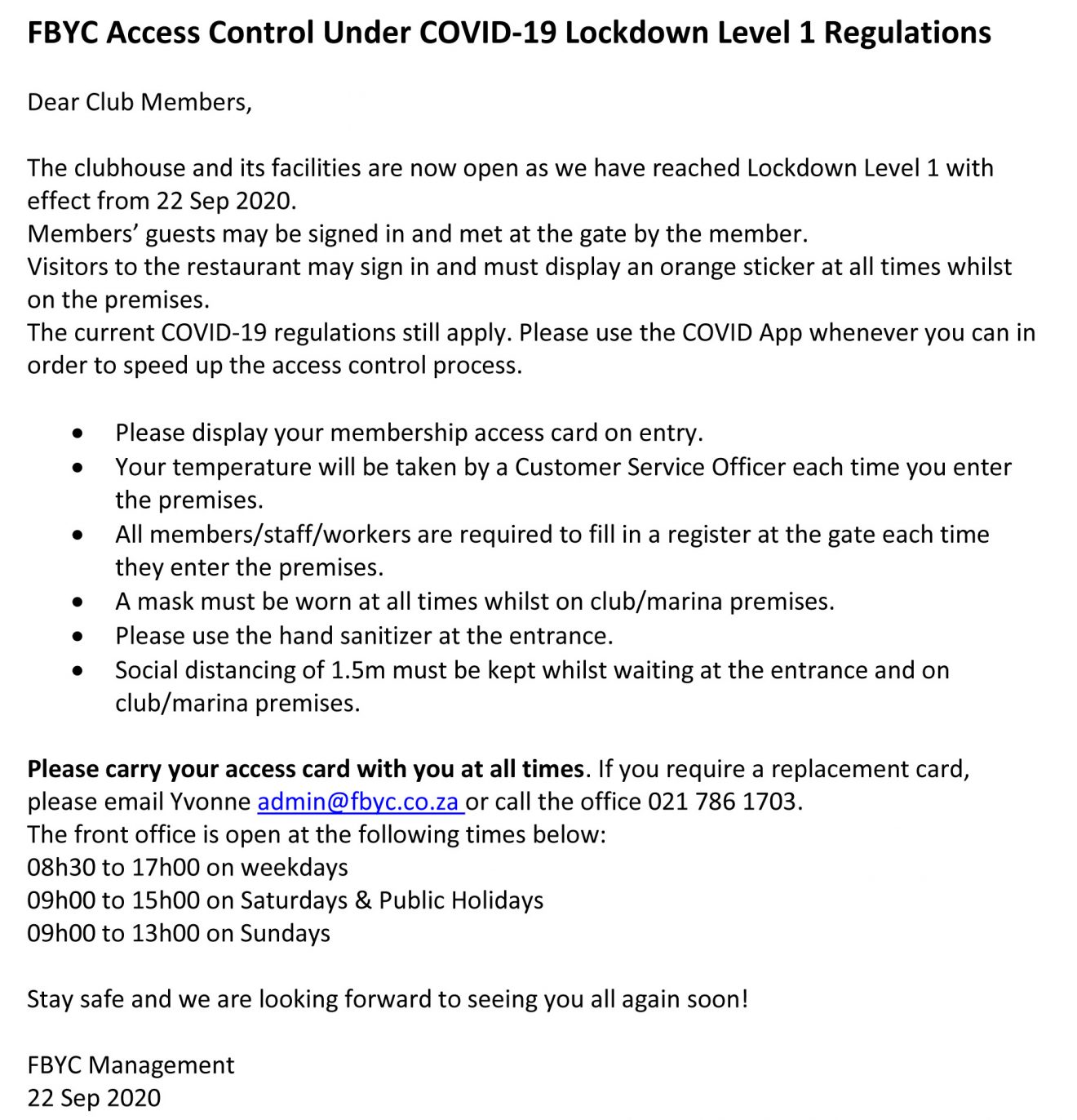 DD notice to members update for Level 1 eff Tuesday 22 Sep 2020