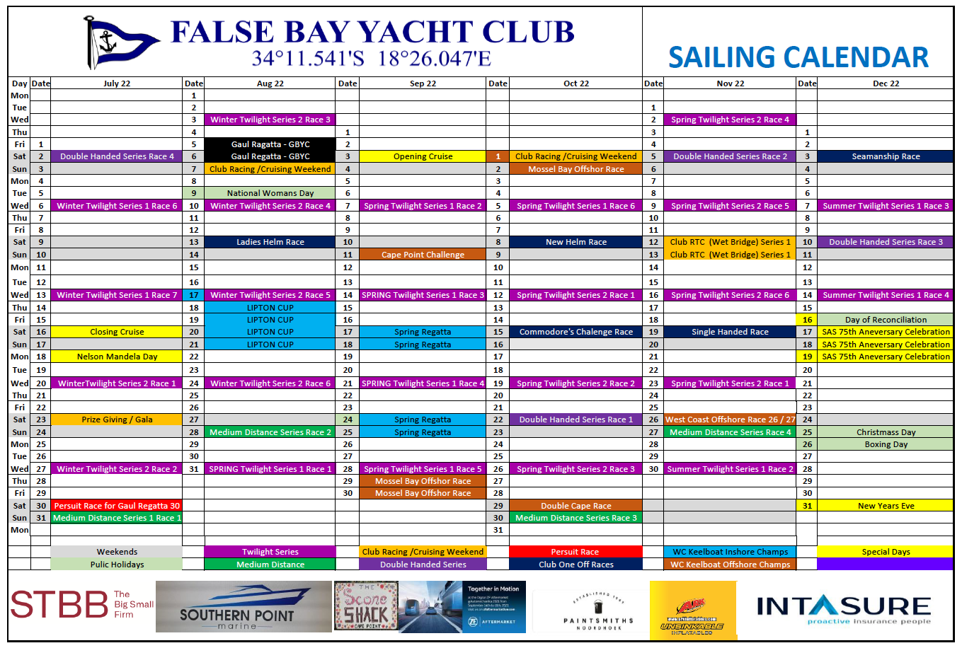 Calendar False Bay Yacht Club